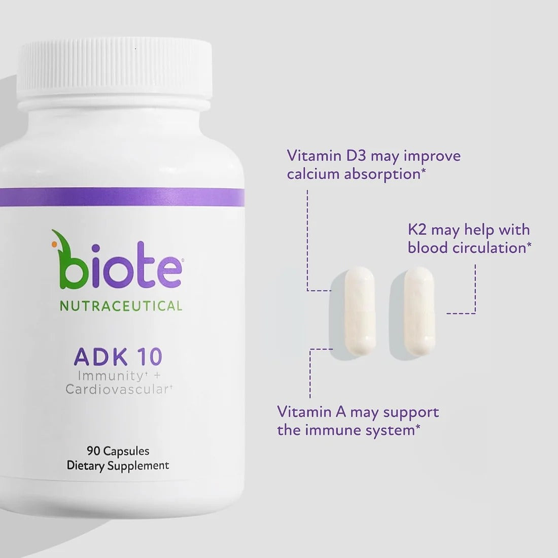 Biote Nutraceuticals ADK 10 IImmunity & Cardiovascular Supportl 90 capsules